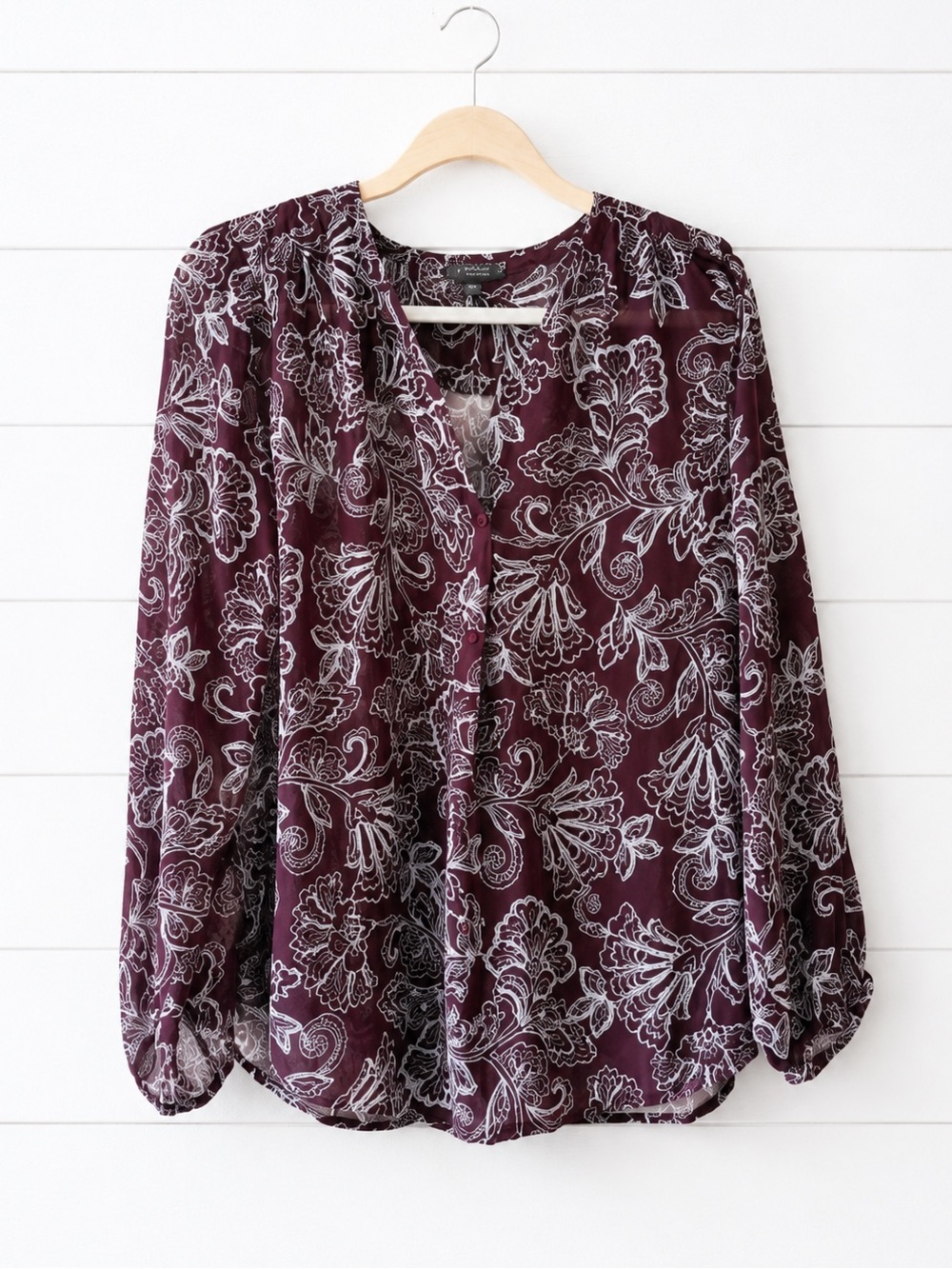 J. Jill Burgundy Blouse Long Sleeve Split Neck Boho Career Top Women’s M (p)